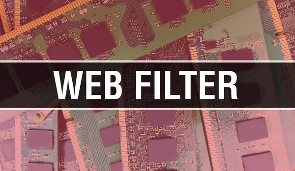 回路基板上の電子集積回路とWebフィルタの概念 Web Filter Computer Chip Circuit Boardの抽象技術の背景とチップは集積回路上で閉じています 我々は — ストック写真