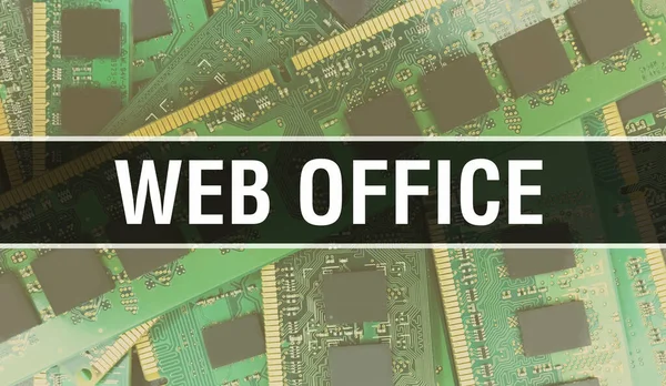 Web Office with Electronic components on integrated circuit board Background.Digital Electronic Computer Hardware and Secure Data Concept. Computer motherboard and Web Office. Web Office Integrate