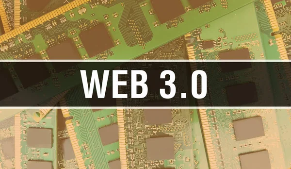 回路基板上の電子集積回路とWeb 0の概念 Web Computer Chip Circuit Boardの抽象技術の背景とチップは集積回路上に閉じ込められています 第三ウェブ — ストック写真