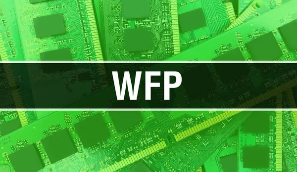 回路基板上のコンピュータチップを使用したWfpの概念図 統合回路基板の背景のWfpを閉じます Wfp Electronic Computer Hardware Technology マザーボードデジタルチップの背景 — ストック写真