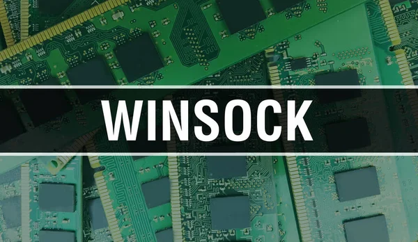 Elektronik Entegre Devre kartlı Winsock konsepti. Winsock 'un bilgisayar çipi soyut teknoloji arka planında ve Chip entegre devrede kapanıyor. Winsoc