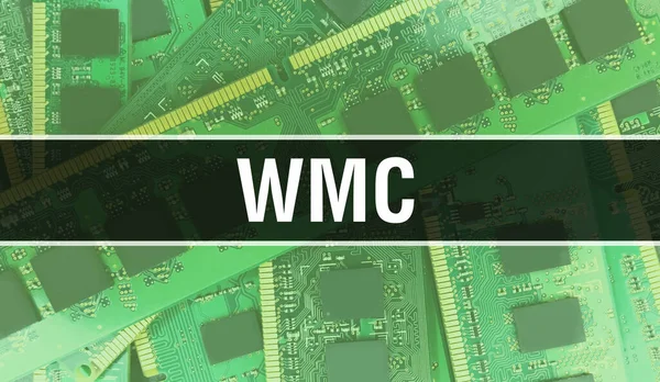 在集成电路板背板上装有电子元件的Wmc 数字电子计算机硬件和安全数据概念 计算机主板和Wmc Wmc集成电路野猪 — 图库照片