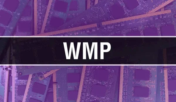 コンピュータのマザーボードとWmpの概念 技術マザーボードのデジタル技術の背景に書かれたWmpテキスト プリント基板とチップを内蔵したWmpを集積回路上に閉じます — ストック写真