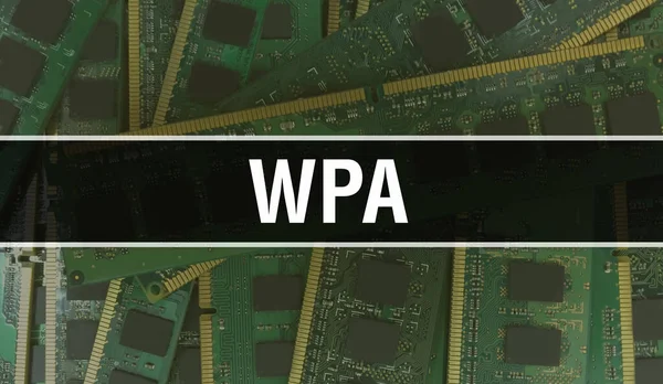 コンピュータのマザーボードとWpaの概念 技術マザーボードのデジタル技術の背景に書かれたWpaテキスト プリント基板とチップを集積回路上に閉じ込めたWpa背景 — ストック写真