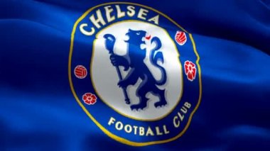 Chelsea bayrağı 1080p Full HD 1920X1080 kamera görüntüsü rüzgarda sallanıyor. 3d Chelsea Futbol Kulübü Oyunları beyaz arka planda bayrak sallama logosu. Chelsea animasyonunun işareti. Chelsea bayrağı HD 1080p Londra, 4 Temmuz 2021