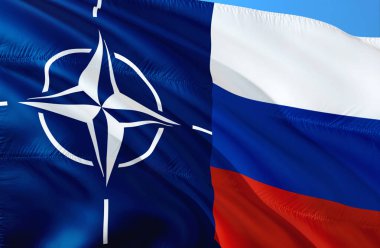 NATO, Rusya 'ya karşı rüzgarda dalgalanan bayrak resmi. Gerçekçi Kuzey Atlantik Antlaşma Örgütü ve Rusya Bayrak geçmişi, 3D tasarım. Askeri İttifak Bayrağı Kapatma HD 3D bayrak Moskova, 4 Mayıs 201