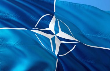 NATO bayrağı. Askeri İttifak Bayrağı Kapatma Tam HD 3D bayrak arka planı, 3D görüntüleme. Gerçekçi Kuzey Atlantik Antlaşması Organizasyonu Flag arkaplan resmi rüzgarda sallanıyor. - Moskova, 4 Mayıs 201