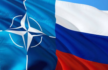 NATO ve Rusya bayrağı. Ulusal 3D NATO bayrağı dalgalanması, 3D görüntüleme. Kuzey Atlantik Antlaşma Örgütü 'nün Rusya' ya karşı sorunsuz bir geçmişi olduğunun işareti. NATO bayrağı HD görüntü Arkaplan HD - Moskova, 4 Mayıs 201