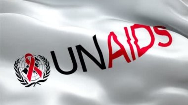 Birleşmiş Milletler HIV ve AIDS logosu programı. Ulusal 3 boyutlu UNAIDS logosu sallanıyor. Birleşmiş Milletler HIV ve AIDS üzerine kusursuz animasyon programı. UNAIDS bayrağı HD Arka plan - New York, 4 Temmuz 2021
