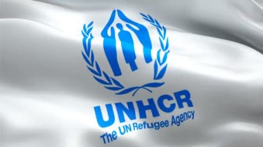 Birleşmiş Milletler Mülteci logosu. Ulusal 3d UNHCR logosu sallanıyor. Birleşmiş Milletler Mültecileri 'nin kusursuz animasyonu. UNHCR bayrağı HD Arkaplan - New York, 4 Temmuz 2021