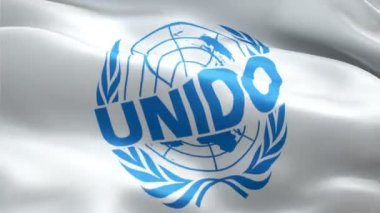 UNIDO logosu. Ulusal 3D Birleşmiş Milletler Sanayi Geliştirme Örgütü logosu sallanıyor. UNIDO kusursuz animasyon işareti. Birleşmiş Milletler Endüstriyel Gelişim Örgütü bayrağı HD Arkaplan - New York, 4 Temmuz 2021