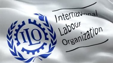 ILO logosu. Ulusal 3d Uluslararası Çalışma Örgütü logosu sallanıyor. ILO kusursuz animasyon işareti. Uluslararası Çalışma Örgütü bayrağı HD Arkaplan - New York, 4 Temmuz 2021