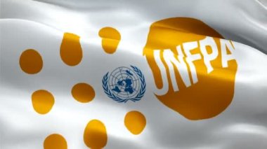 Birleşmiş Milletler Nüfus Fonu logosu. Ulusal 3D UNFPA logosu sallanıyor. Birleşmiş Milletler Nüfus Fonu 'nun kusursuz animasyonu. UNFPA bayrağı HD Arkaplan - New York, 4 Temmuz 2021