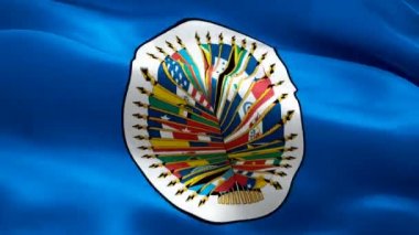 OAS logosu. National 3d Organization of American States logosu el sallıyor. OAS 'ın kusursuz bir animasyon işareti. Amerikan Devletler Örgütü bayraklı arka plan - New York, 4 Temmuz 2021