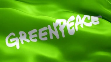 Eko-organizasyon logosu. National 3d Greenpeace logosu el sallıyor. Çevresel organizasyonun kusursuz bir animasyon işareti. Greenpeace bayrağı HD Arka plan - New York, 4 Temmuz 2021