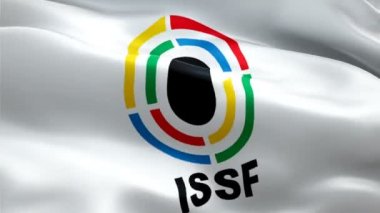 ISSF logosu. Ulusal 3d Uluslararası Atış Sporları Federasyonu logosu. ISSF 'in kusursuz bir animasyon işareti. Uluslararası Atış Sporları Federasyonu bayrağı HD Arkaplan - New York, 4 Temmuz 2021