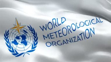 WMO logosu. Ulusal 3d Dünya Meteoroloji Örgütü logosu el sallıyor. WMO kusursuz animasyon işareti. Dünya Meteoroloji Örgütü bayrağı HD Arkaplan - New York, 4 Temmuz 2021