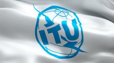 Uluslararası Haberleşme Birliği logosu. Ulusal 3d ITU logosu sallanıyor. Uluslararası Telekomünikasyon Birliği 'nin kusursuz animasyonunun işareti. ITU bayrağı HD Arka plan - New York, 4 Temmuz 2021