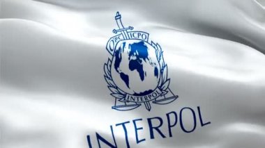 Interpol bayrağı 1080p Full HD 1920X1080 video kaydı rüzgarda dalgalanıyor. Uluslararası Suç Polis Örgütü 'nün kusursuz döngü animasyonunun işareti. Ulusal New York 3d Interpol bayrağı dalgalanıyor. - Moskova, 4 Mayıs 2019