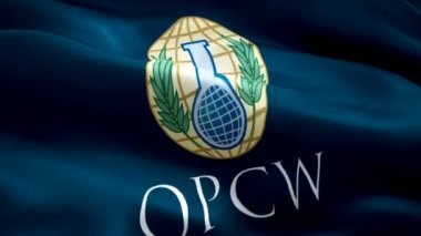 OPCW logosu. Ulusal 3D Kimyasal Silahların Yasaklanması Organizasyonu logosu. OPCW kusursuz animasyon işareti. Kimyasal Silahların Yasaklanması Organizasyonu bayraklı HD Arkaplan - New York, 4 Temmuz 2021