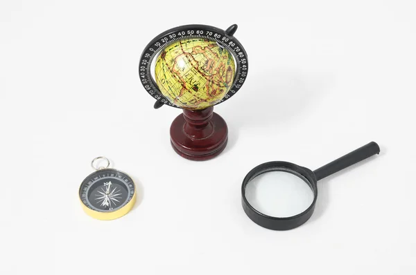 Vintage Tools Globe Compass and Loupe — Stock Photo, Image