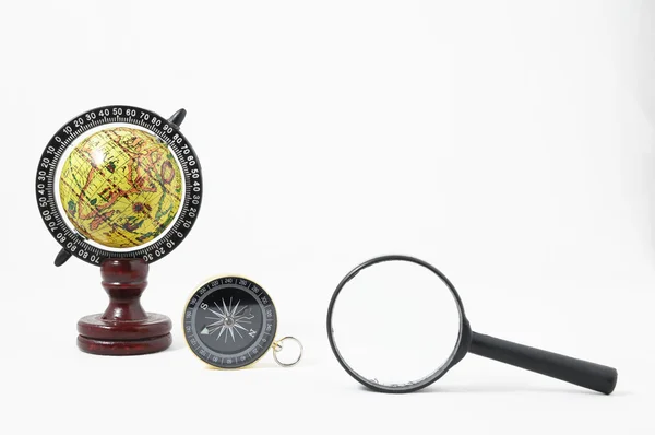 Vintage Tools Globe Compass and Loupe — Stock Photo, Image