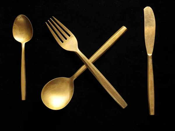 Starověké Stříbrné Flatware Černém Pozadí — Stock fotografie