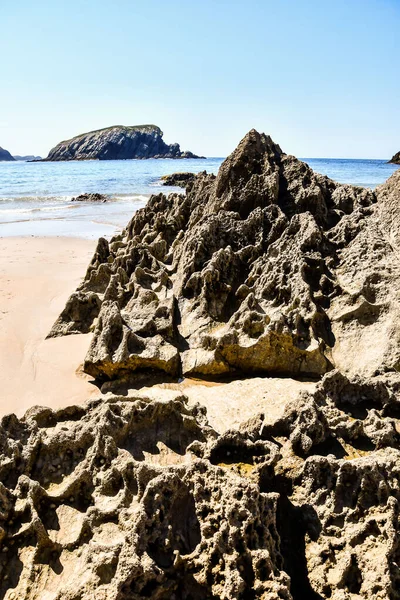 Détail Des Rochers Nus Cause Marée Basse Plage Arnia Pielagos — Photo