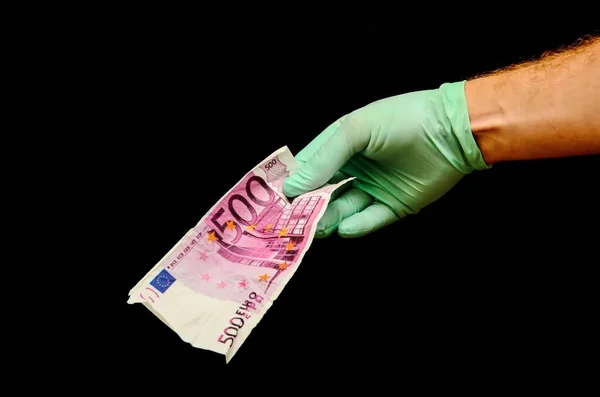 Hand Holding Euro Banknote Black Background — Photo