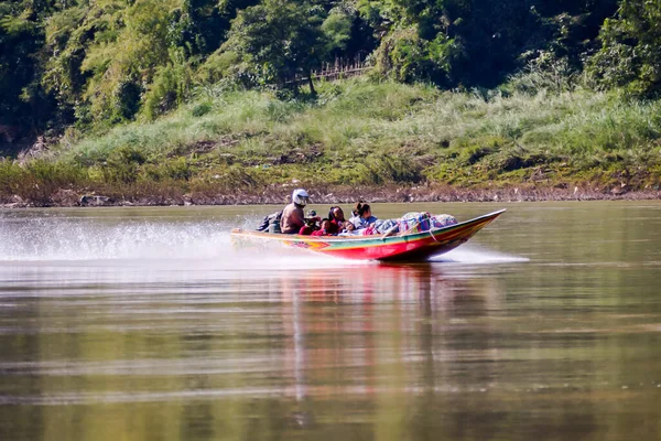 People Motor Boat River Laos — Stock Photo, Image