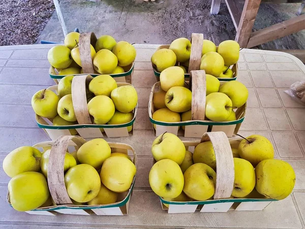 Fresh Ripe Apples Boxes Wooden Background — Foto de Stock