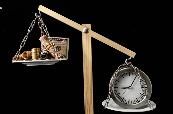 Time Money Concept Clock Currency Two Pan Balances — Stok fotoğraf