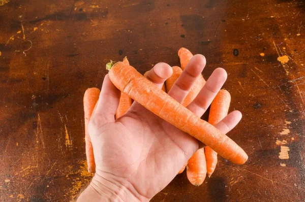 Male Hand Holding Fresh Carrots Wooden Background — Stock Photo, Image