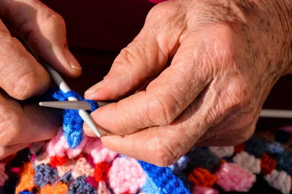 Female Hand Knitting Closeup Stock Photo