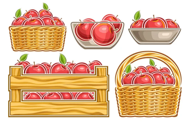 赤りんごのベクトルセット カットアウトイラストの多くのコレクションガラスボウルにフルーティーな天然りんご 漫画デザインの赤い熟した果物粘土料理と白を背景にハンドル付きのわらバスケット — ストックベクタ