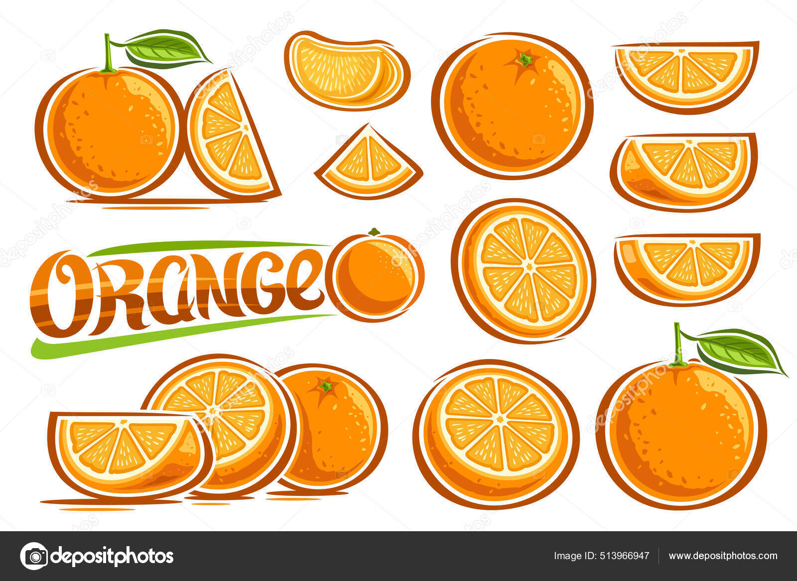 ベクトルオレンジセット カットアウトイラストの多くのコレクションは ビタミンCと果物の静物組成物 緑の葉と白の背景に単語オレンジ と漫画のデザインスライス自然オレンジ ストックベクター ©mihmihmal 513966947, image size:1600x1167