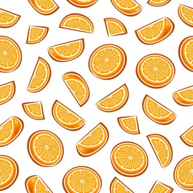 Vektör Turuncusuz Desen, dilimlenmiş karikatür portakalları grubuyla kare yinelenen arkaplan, beyaz arka planda farklı olgun narenciye meyvelerinin resimlerinin olduğu poster.