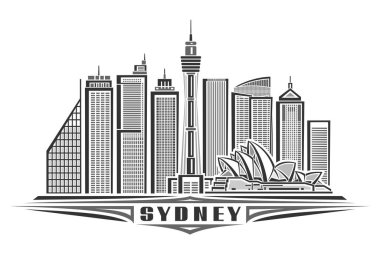 Sydney 'in vektör illüstrasyonu, doğrusal tasarımı olan tek renkli yatay poster ünlü Sydney şehir manzarası, şehir çizgisi sanat konsepti beyaz arka planda siyah kelime Sydney için eşsiz dekoratif harflerle.