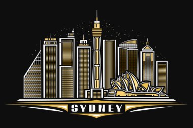Sydney 'in vektör illüstrasyonu, doğrusal tasarımı aydınlatılmış sydney şehir manzaralı siyah yatay poster, okyanus kentsel çizgisi sanat konsepti, koyu arkaplanda Sydney kelimesi için dekoratif harflerle..