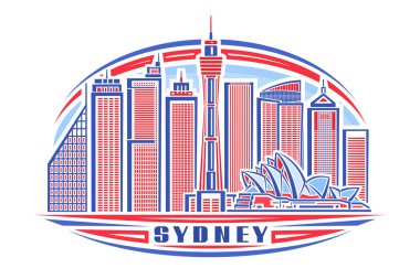 Sydney 'in vektör illüstrasyonu, doğrusal dizaynlı yatay poster gökyüzü arka planında okyanusya sydney şehir manzarası, beyaz arkaplanda Sydney kelimesi için dekoratif harflerle kentsel çizgi sanat konsepti.