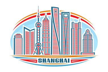 Şangay 'ın vektör illüstrasyonu, doğrusal tasarımı olan yatay poster gökyüzü arka planında ünlü shanghai şehir manzarası, mavi kelime shanghai beyaz için dekoratif harflerle kentsel çizgi sanat konsepti