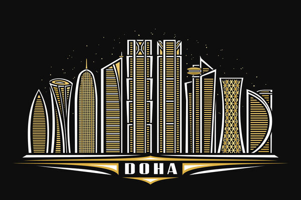 Vector illustration of Doha, dark horizontal poster with linear design doha city scape on dusk starry sky background, middle east urban line art concept with decorative lettering for word doha.