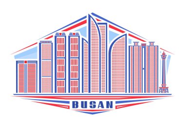 Busan 'ın vektör illüstrasyonu, doğrusal tasarımı olan yatay poster gökyüzü arka planında ünlü Busan şehir manzarası, Asyalı şehir çizgisi sanat konsepti mavi kelime Busan için beyaz üzerine dekoratif harflerle.