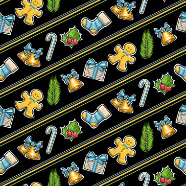 Vektör Noelsiz Şablon, kare tekrarlayan arka plan çeşitli karikatür noel nesneleri ile dekoratif poster üzerinde koyu arkaplanda şirin çocukların Noel sembolleri var..