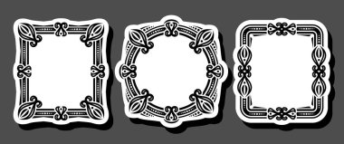 Dekoratif çerçevelerin vektör kümesi, siyah zarif çizimler ve beyaz fotokopi alanı olan 3 kesme vintage etiketin koleksiyonu, gri arkaplanda gölgesi olan 3 kare ve dairesel klasik çerçeveler.