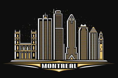 Montreal 'in vektör illüstrasyonu, doğrusal tasarımı olan yatay poster alacakaranlık yıldızlı arka planda Montreal şehir manzarası, karanlığın üzerinde Montreal kelimesi için dekoratif harflerle kentsel çizgi sanat konsepti