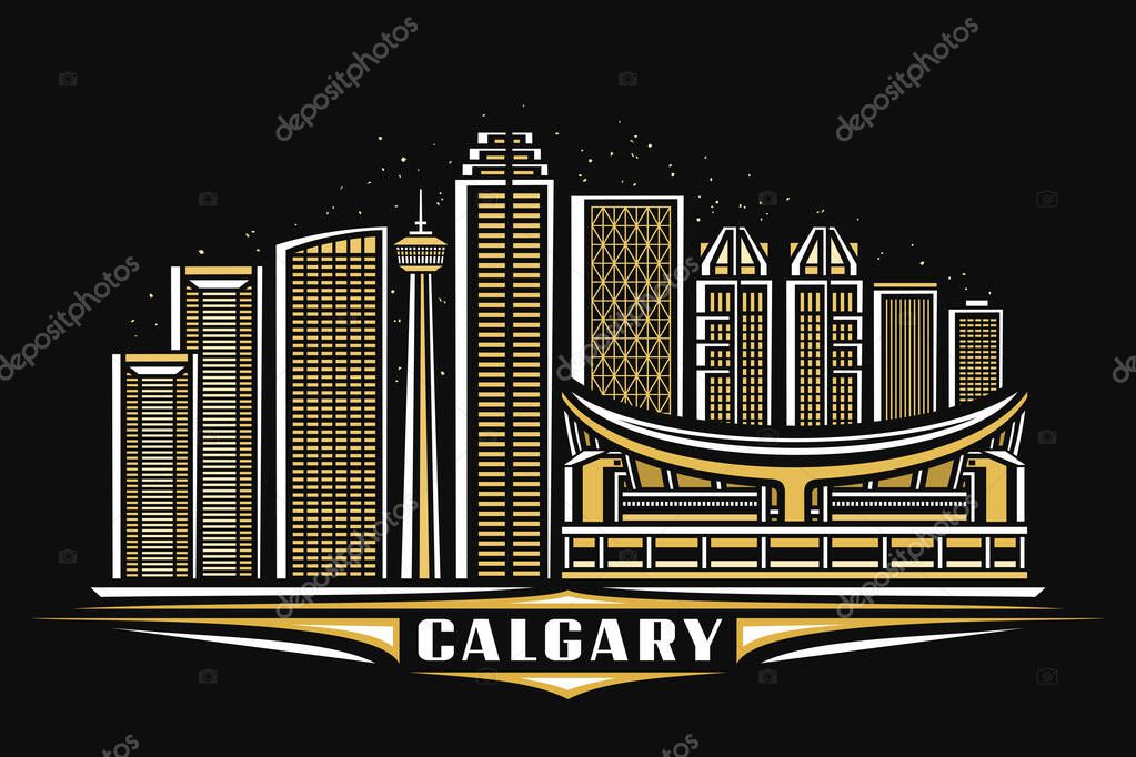 Vector illustration of Calgary, horizontal poster with linear design famous calgary city scape on dusk starry sky background, urban line art concept with decorative lettering for word calgary on dark