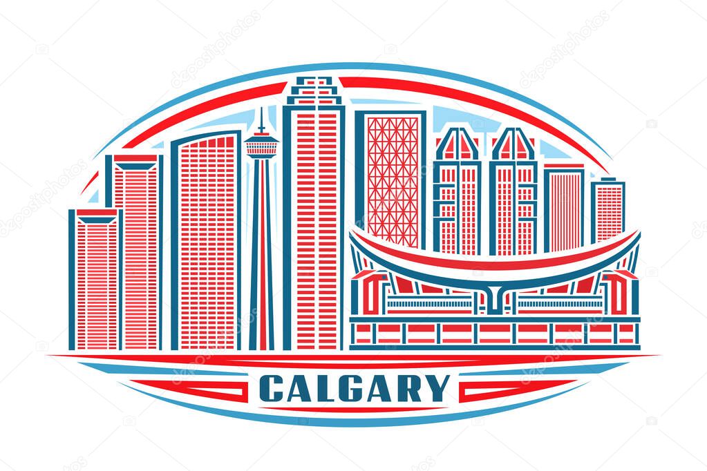 Vector illustration of Calgary, horizontal poster with linear design famous calgary city scape on day sky background, urban line art concept with decorative lettering for blue word calgary on white.