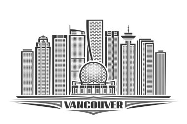 Vancouver 'ın vektör illüstrasyonu, tek renkli yatay poster doğrusal tasarım Vancouver şehir manzarası, beyaz arkaplanda siyah kelime vancouver için dekoratif harflerle kentsel çizgi sanat konsepti.