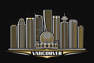 Vancouver 'ın vektör illüstrasyonu, doğrusal tasarımı olan yatay poster alacakaranlık yıldızlı gökyüzü arka planında ünlü Vancouver şehir manzarası, kelime vancouver için dekoratif harflerle kentsel çizgi sanat kavramı.